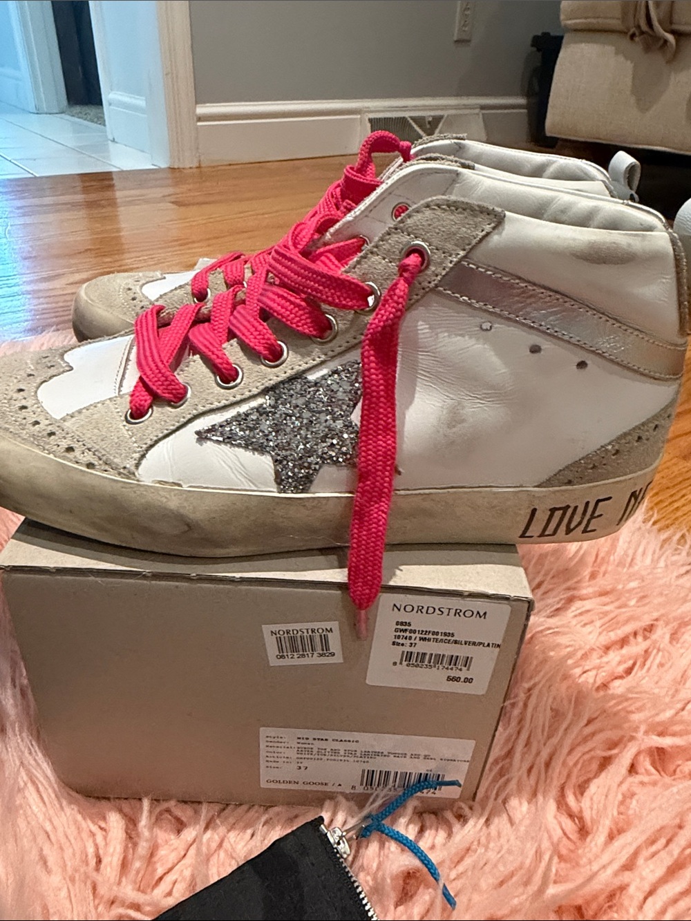 Golden Goose White High-Top Sneakers with Hot Pink Laces and Silver Glitter Star